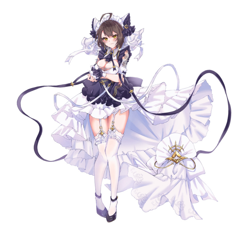 1girl, ahoge, animal_ears, apron, azur_lane, baltimore_(azur_lane), bare_shoulders, black_footwear