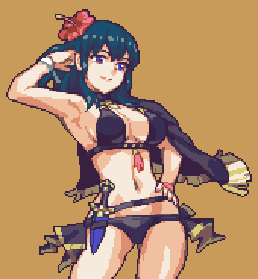 1girl, armpits, bikini, black_bikini, breasts, brown_background, female_byleth_(fire_emblem), female_byleth_(summer)_(fire_emblem)