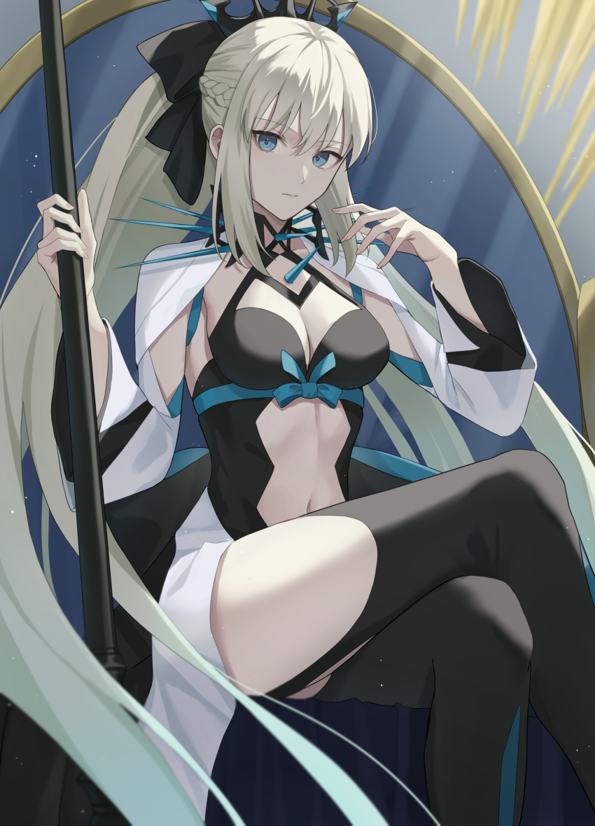 1boy, black_dress, black_ribbon, black_thighhighs, blue_eyes, braid, breasts, cleavage