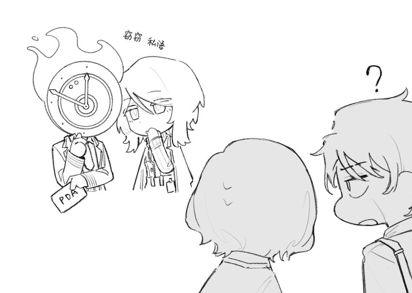 1girl, 1other, 2boys, ?, belt, chinese_text, clock, coat