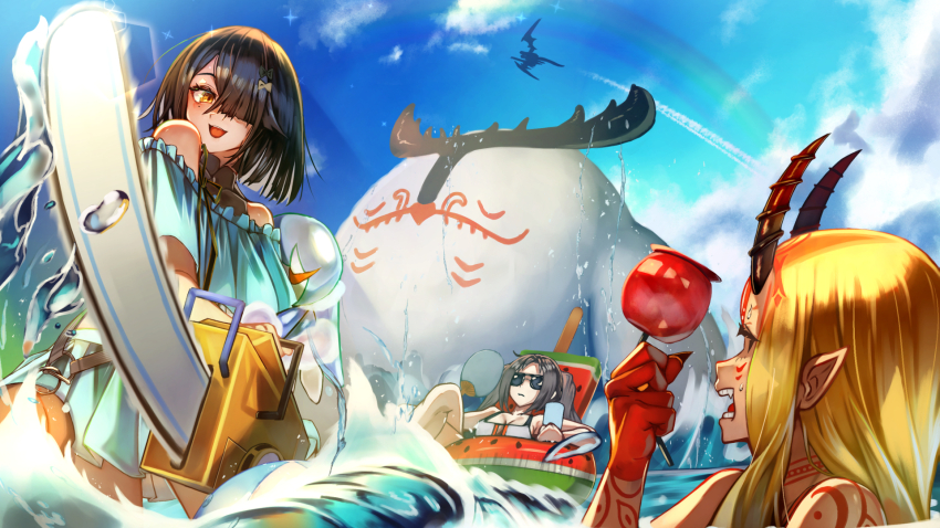 3girls, bare_shoulders, black_hair, blonde_hair, blue_sky, blush, breasts, cernunnos_(fate)