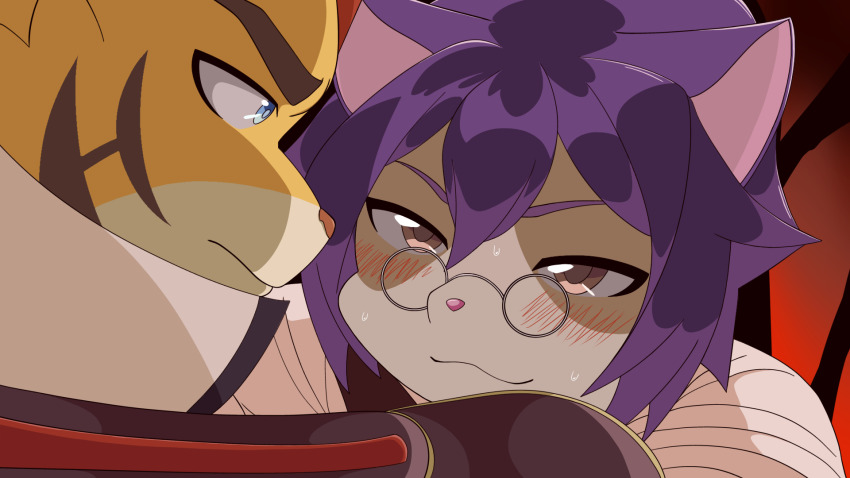 2boys, animal_ears, blue_eyes, blush, cat_boy, cat_ears, closed_mouth, commentary_request, face-to-face, furry, furry_male, hey_i_could_have_died_(meme), highres, hitachi_(tamacolle), implied_yaoi, looking_at_another, male_focus, meme, multiple_boys, nagato_(tamacolle), nige_jouzu_no_wakagimi, purple_eyes, purple_hair, round_eyewear, smile, sweat, tamacolle, tiger_boy, tiger_stripes, wara_bingo