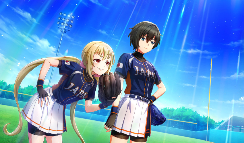 2girls, arm_at_side, baseball_glove, baseball_stadium, baseball_uniform, belt, belt_buckle, bike_shorts