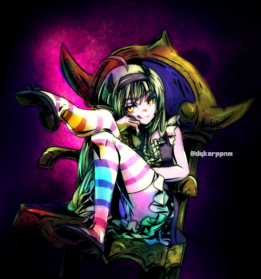 1girl, ahoge, blonde_hair, blunt_bangs, colored_skin, commentary_request, crossed_legs, demon_girl