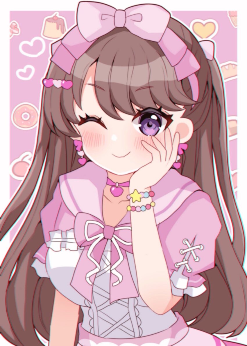 1girl, ;), ametan_(meteo_impact), blush, border, bow, bow_hairband, breasts, brown_hair, cherry, closed_mouth, collarbone, commentary, cross-laced_clothes, cross-laced_dress, donut, dress, earrings, food, food-themed_background, fruit, fujishima_megumi, hairband, hand_on_own_cheek, hand_on_own_face, happy_shijo_shugi!, heart, heart_earrings, highres, jewelry, large_breasts, link!_like!_love_live!, long_hair, looking_at_viewer, love_live!, official_alternate_costume, one_eye_closed, outline, outside_border, pink_background, pink_bow, pink_hairband, pudding, puffy_short_sleeves, puffy_sleeves, purple_eyes, short_sleeves, smile, solo, split_mouth, two_side_up, upper_body, virtual_youtuber, white_border, white_dress, white_outline