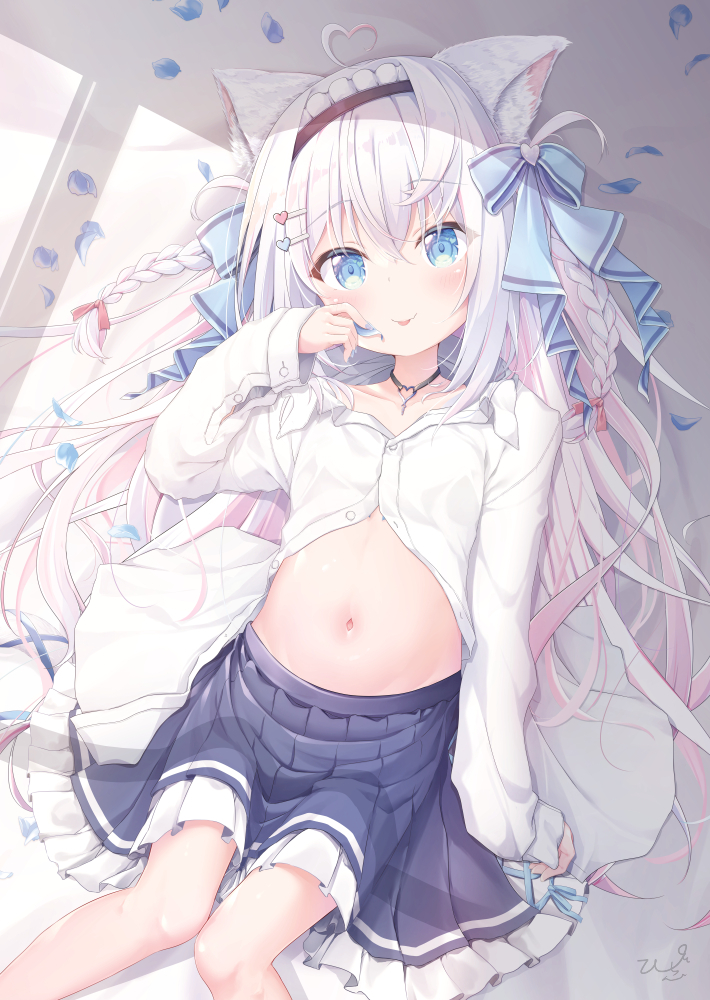 1girl, :p, ahoge, animal_ear_fluff, animal_ears, bed_sheet, black_choker, black_hairband, black_skirt, blue_bow, blue_eyes, blue_petals, blush, bow, braid, buttons, cat_ears, cat_girl, choker, closed_mouth, collarbone, day, feet_out_of_frame, frilled_hairband, frilled_skirt, frills, hair_between_eyes, hair_bow, hair_ornament, hairband, hairclip, hand_up, heart, heart_ahoge, heart_hair_ornament, indie_virtual_youtuber, indoors, kazari_lua, knees_together_feet_apart, layered_skirt, loli, long_hair, long_sleeves, looking_at_viewer, lying, navel, on_back, on_bed, partially_unbuttoned, petals, pirason, pleated_skirt, shirt, signature, skirt, sleeves_past_wrists, solo, stomach, tongue, tongue_out, twin_braids, very_long_hair, virtual_youtuber, white_hair, white_shirt, window_shadow