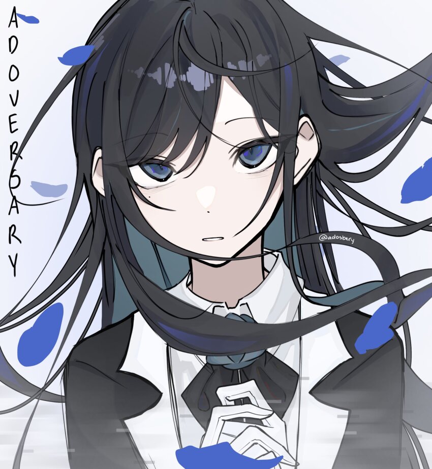 1girl, ado_(utaite), black_bow, black_bowtie, black_coat, black_hair, blu_(adosbery), blue_eyes