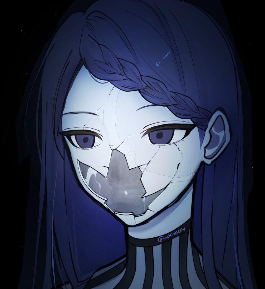 1girl, ado_(utaite), black_background, blu_(adosbery), blue_eyes, blue_hair, braid, braided_bangs, gira-gira-chan_(ado), gira_gira, highres, light_particles, long_hair, madra_(album), portrait, solo, twitter_username