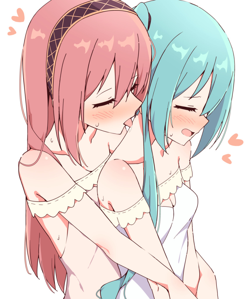 2girls, bare_shoulders, blue_hair, blush, closed_eyes, collarbone, commentary, dress, giryu, hatsune_miku, heart, highres, licking, licking_another's_neck, long_hair, megurine_luka, multiple_girls, off-shoulder_dress, off_shoulder, open_mouth, pink_hair, saliva, simple_background, sweat, upper_body, vocaloid, white_background, white_dress, yuri