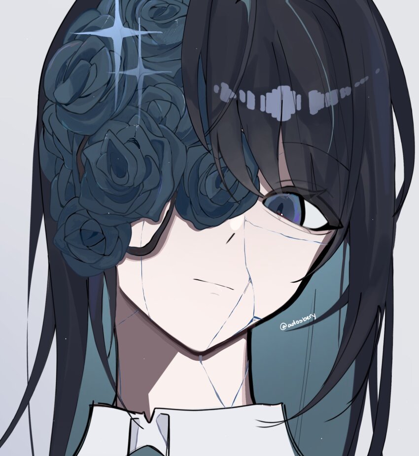1girl, ado_(utaite), black_hair, blu_(adosbery), blue_eyes, blue_flower, blue_hair, blue_rose, chando_(ado), closed_mouth, collared_shirt, colored_inner_hair, commentary, commentary_request, cracked_skin, english_commentary, flower, highres, inward_(itwasleo), looking_at_viewer, multicolored_hair, portrait, rose, shirt, solo, twitter_username, utaite, white_shirt