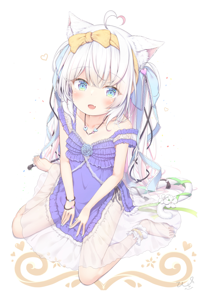 1girl, ahoge, animal_ear_fluff, animal_ears, ankle_scrunchie, babydoll, barefoot, between_legs