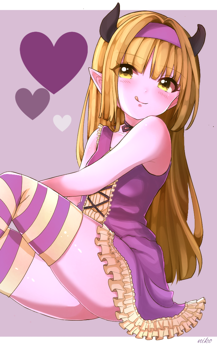 1girl, arm_on_thigh, artist_name, black_horns, black_ribbon, blonde_hair, blunt_bangs, border