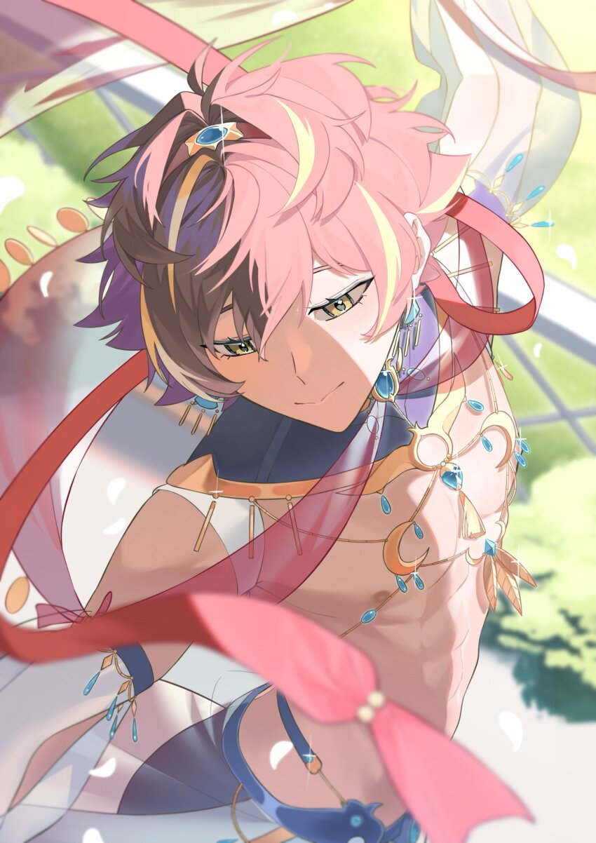 1boy, blonde_hair, blue_gem, brown_hair, bush, chinese_commentary, closed_mouth, crescent, crescent_necklace, dacatt_(noctilucent), dancer, dancing, dark-skinned_male, dark_skin, day, detached_sleeves, earrings, falling_petals, feather_necklace, gem, glint, hair_between_eyes, hair_intakes, hairband, highres, jewelry, lazy_fish, looking_to_the_side, male_focus, multicolored_hair, necklace, nipples, noctilucent:_before_dawn, outstretched_arms, pelvic_curtain, petals, railing, red_shawl, see-through_clothes, see-through_shawl, see-through_sleeves, shawl, short_hair, shrug_(clothing), smile, solo, spread_arms, streaked_hair, toned, toned_male, topless_male, upper_body, white_sleeves, yellow_eyes