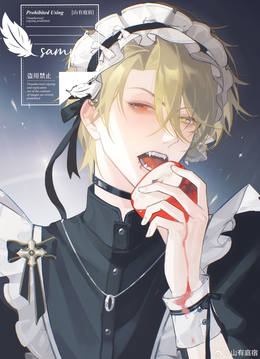 1boy, absurdres, anouchka_cash, apple, apron, becoming_a_god_in_the_zerg_world_by_livestreaming_bl_novels, bishounen, blonde_hair