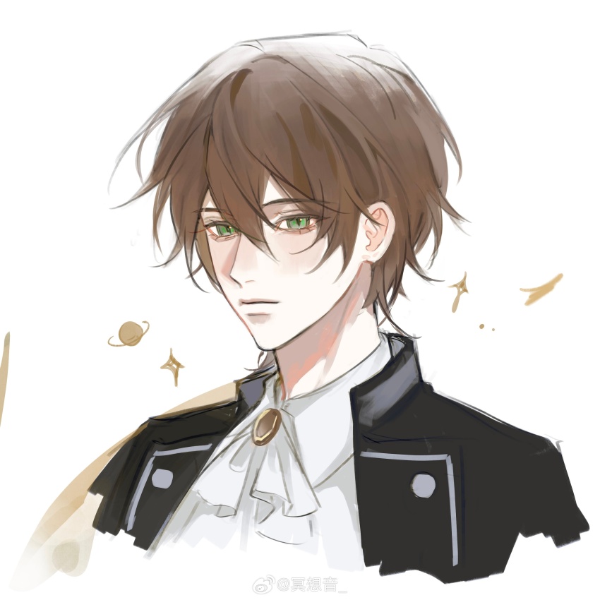 1boy, absurdres, becoming_a_god_in_the_zerg_world_by_livestreaming_bl_novels, bishounen, black_jacket, brown_hair, green_eyes, hair_between_eyes, highres, jacket, looking_at_viewer, male_focus, mingxiang_yin, short_hair, solo, valentine_von, white_hair