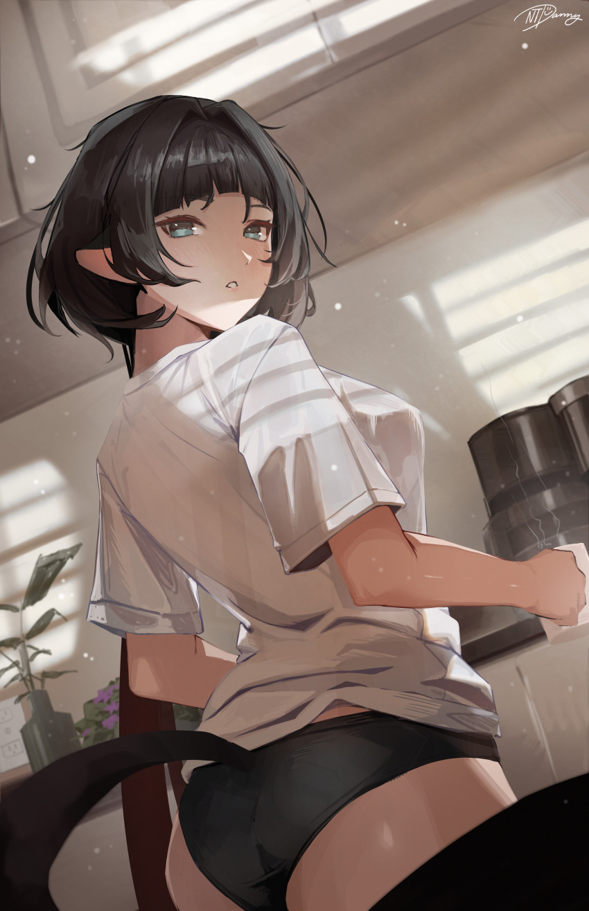 1girl, absurdres, alternate_costume, animal_ears, black_hair, black_panties, blush, breasts, coffee_maker, coffee_mug, commentary, cup, dutch_angle, from_behind, green_eyes, highres, holding, holding_cup, indoors, jane_doe_(zenless_zone_zero), large_breasts, long_hair, looking_at_viewer, mouse_ears, mouse_girl, mouse_tail, mug, ntdanny, panties, parted_lips, red_hair, shirt, sidelocks, signature, solo, tail, underwear, white_shirt, zenless_zone_zero