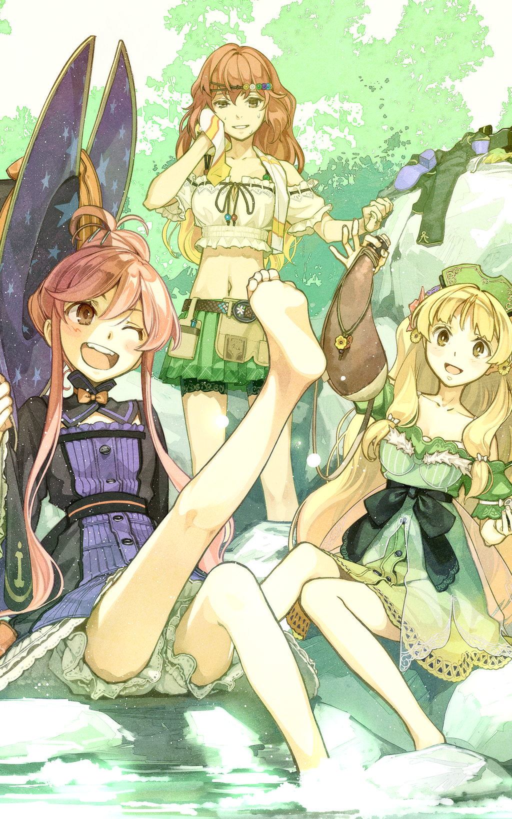 3girls, ;d, atelier_(series), atelier_ayesha, atelier_resleriana, ayesha_altugle, bare_shoulders, barefoot