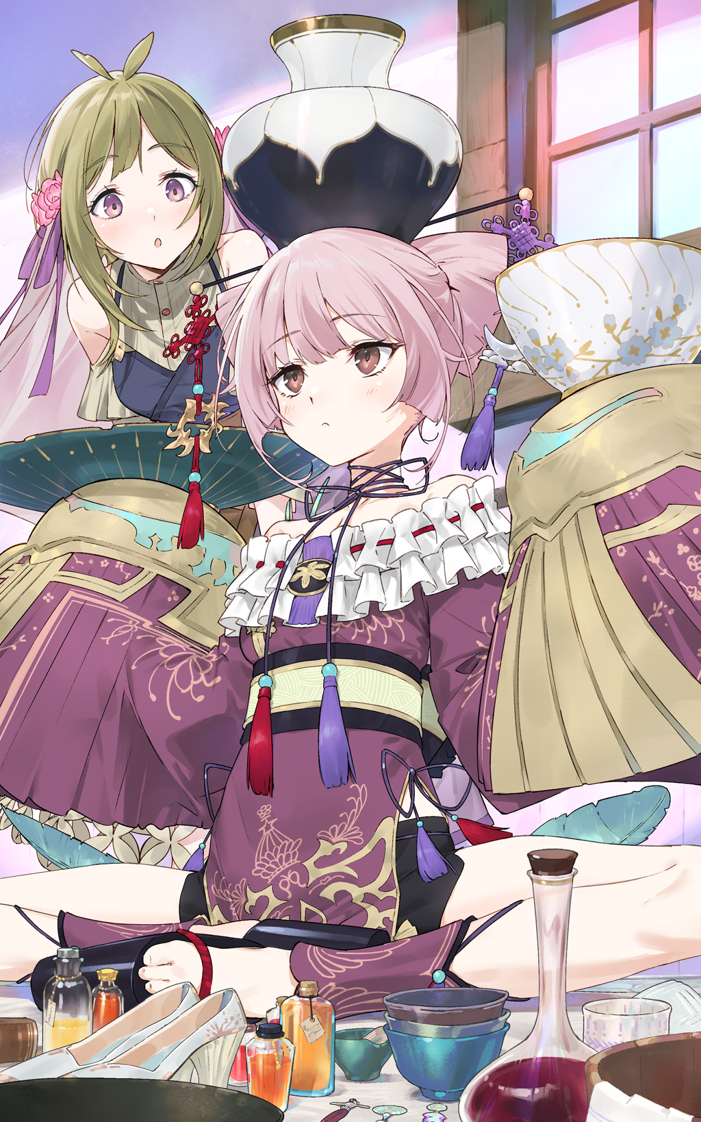 2girls, atelier_(series), atelier_resleriana, atelier_sophie, balancing_on_head, bare_shoulders, black_footwear, bottle