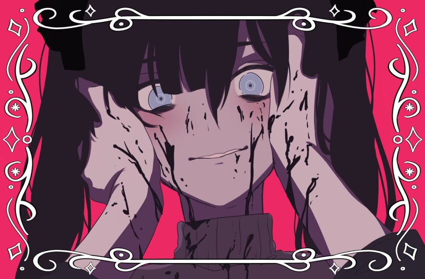 1girl, alternate_costume, aqua_eyes, black_bow, black_hair, blood, blood_on_clothes, blood_on_face, blood_on_hands, blood_on_neck, blush, border, bow, contemporary, crazy_eyes, genshin_impact, hair_bow, hand_in_another's_hair, hands_on_another's_face, head_tilt, highres, long_hair, looking_at_viewer, loveit?_(biz), mona_(genshin_impact), naysucc, ornate_border, out_of_frame, parody, parted_lips, red_background, ringed_eyes, sweater, turtleneck, turtleneck_sweater, twintails, yandere, yellow_sweater