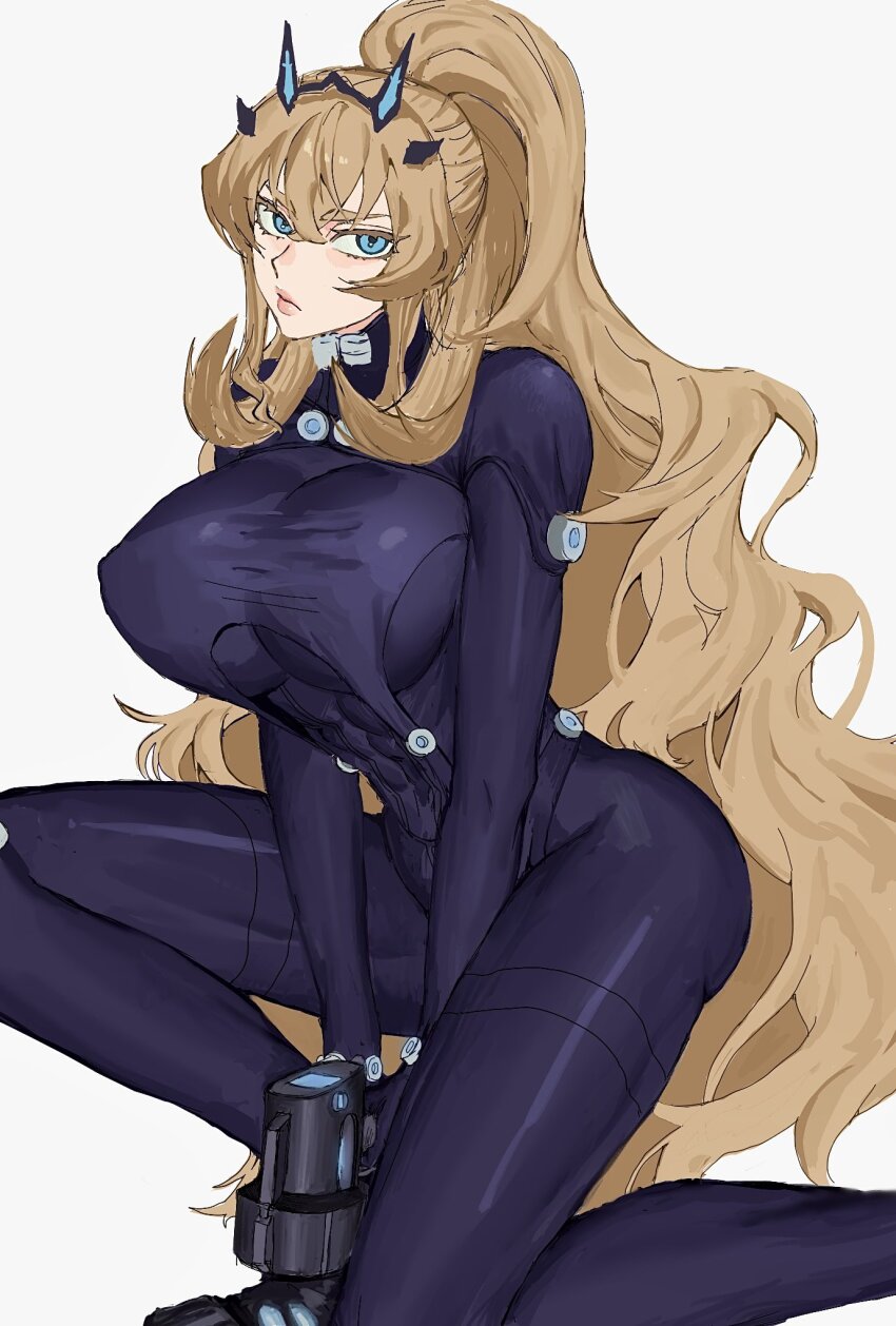 1girl, barghest_(fate), black_bodysuit, blonde_hair, blue_eyes, bodysuit, breasts, fate/grand_order, fate_(series), gantz, gantz_suit, hair_ornament, high_ponytail, highres, holding, holding_weapon, huge_breasts, kneeling, koani11111, latex, latex_bodysuit, long_hair, looking_at_viewer, muscular, muscular_female, ponytail, skin_tight, solo, thighs, weapon, x-gun