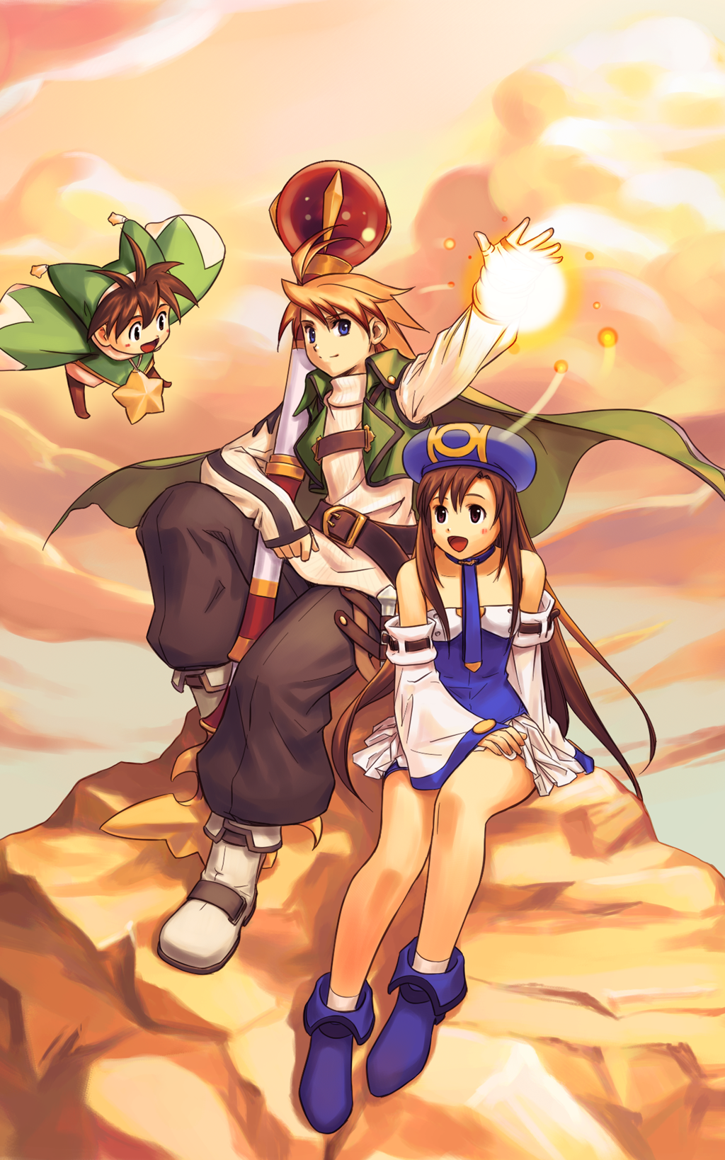 1girl, 2boys, arm_up, atelier_(series), atelier_iris, atelier_iris_eternal_mana, atelier_resleriana, bare_shoulders