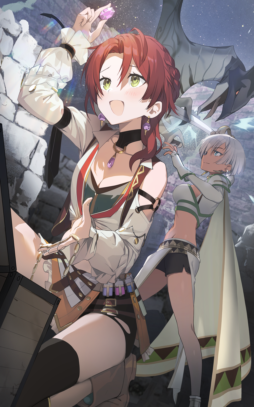 2girls, :d, ahoge, arm_up, atelier_(series), atelier_marie, atelier_resleriana, black_shorts