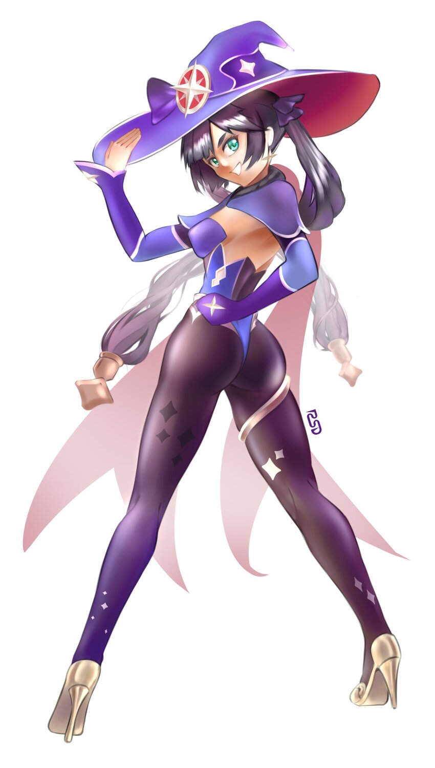 1girl, absurdres, ass, ass_focus, back_bow, bow, capelet, earrings