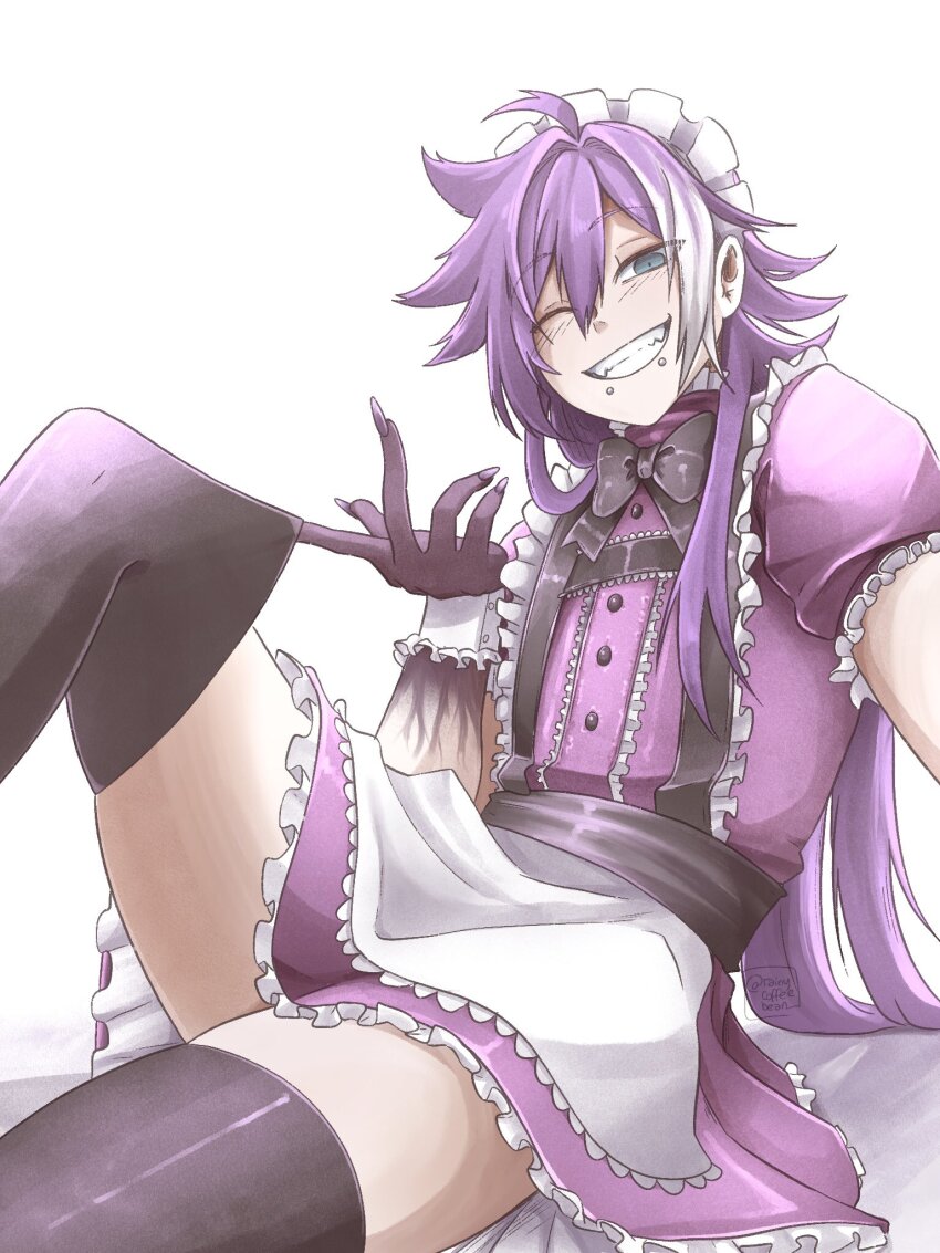 1boy, alternate_costume, apron, banzoin_hakka, black_skin, black_thighhighs, blue_eyes, colored_extremities