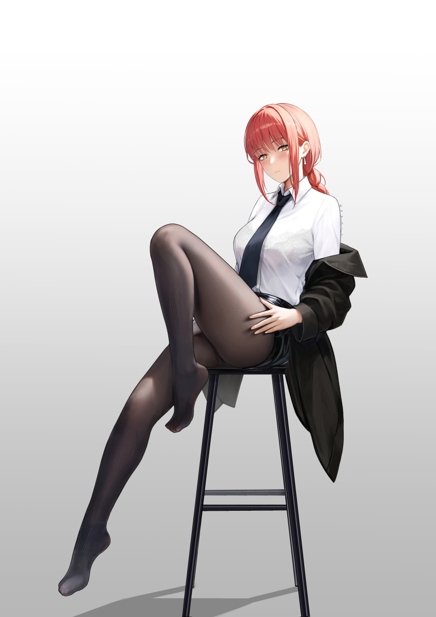 1girl, absurdres, black_jacket, black_necktie, black_pantyhose, black_skirt, blush, braid, chainsaw_man, closed_mouth, collared_shirt, commentary, english_commentary, grey_background, highres, jacket, long_hair, long_sleeves, looking_at_viewer, makima_(chainsaw_man), necktie, no_shoes, off_shoulder, office_lady, pantyhose, red_hair, ronic, shadow, shirt, simple_background, sitting, skirt, solo, thighs, white_shirt, yellow_eyes