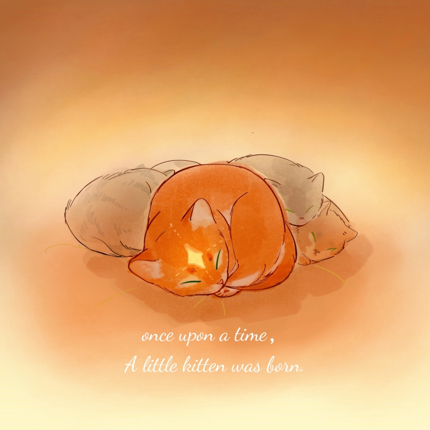 aged_down, animal_focus, baby_animal, brown_cat, cat, chinese_commentary, closed_eyes, commentary_request, curled_up, english_text, filou_(warrior_cats), firestar_(warrior_cats), highres, kitten, luna_(warrior_cats), no_humans, orange_background, orange_cat, orange_theme, princess_(warrior_cats), seroll, siblings, simple_background, sleeping, star_(symbol), tail, the_prophecies_begin, tommy_(warrior_cats), warrior_cats