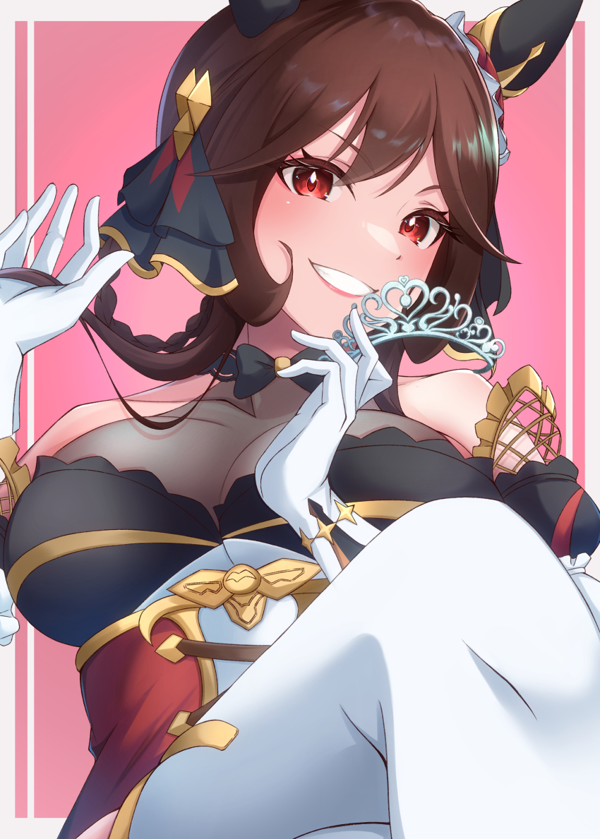 1girl, absurdres, animal_ears, blush, breasts, brown_hair, cleavage, collarbone