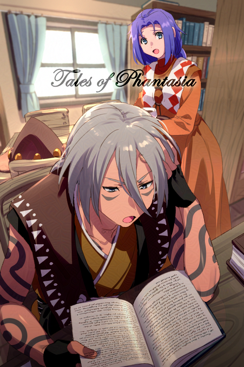 1boy, 1girl, aqua_eyes, arm_tattoo, black_gloves, blue_hair, book, bookshelf