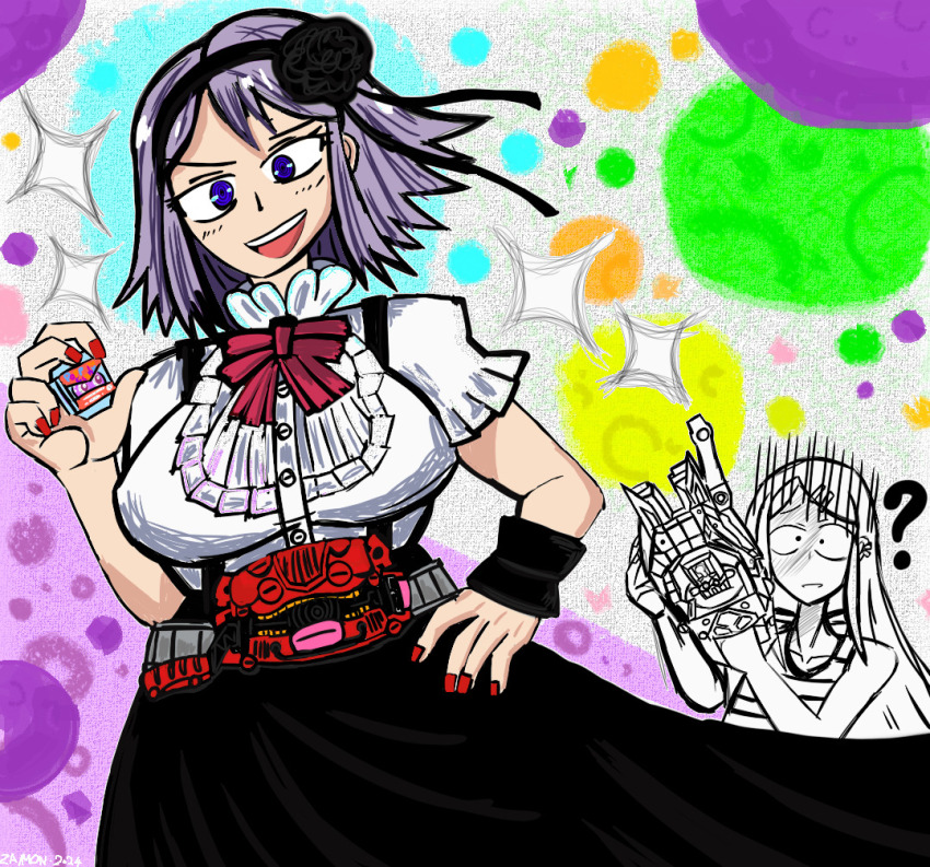 2girls, confused, crossover, dagashi_kashi, endou_saya, gochizou, henshin_belt_gavv, kamen_rider, kamen_rider_gavv_(series), multiple_girls, nail_polish, ?, red_nails, rider_belt, shidare_hotaru, sparkle, valenbuster, weapon, zaimon