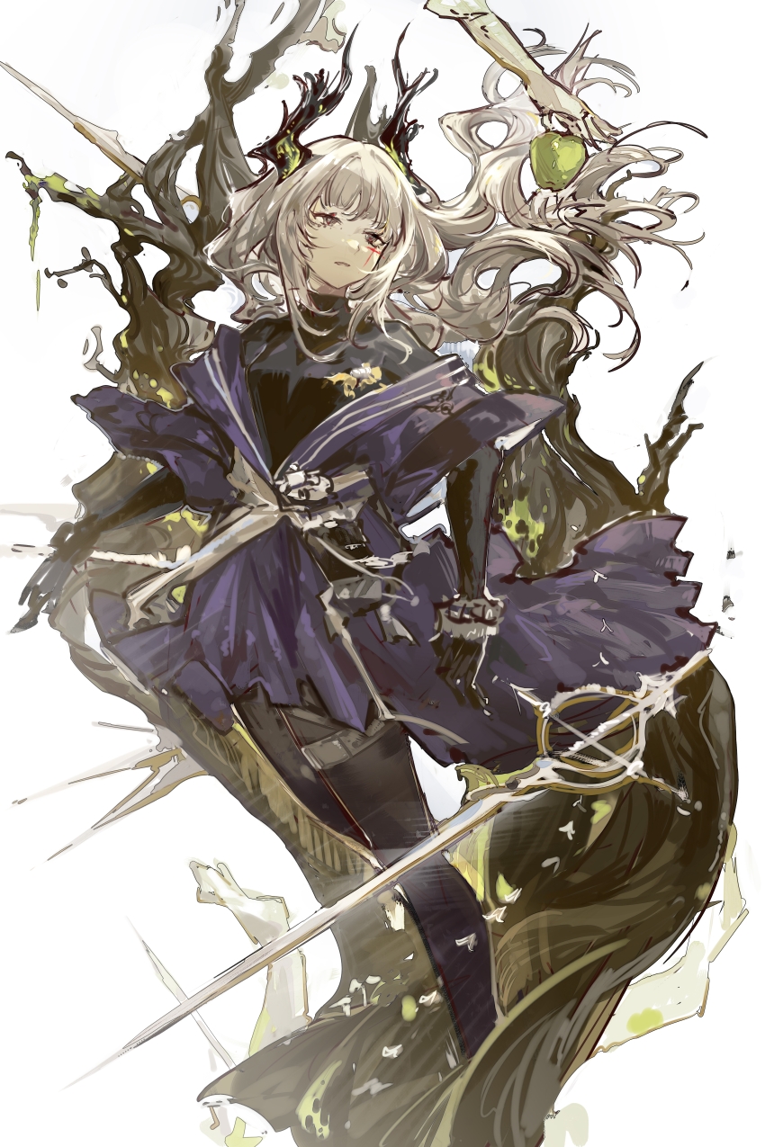 1girl, absurdres, apple, arknights, dress, food, fruit, green_apple