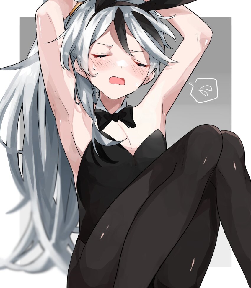 1boy, armpits, black_bow, black_bowtie, black_leotard, black_pantyhose, blush, bow