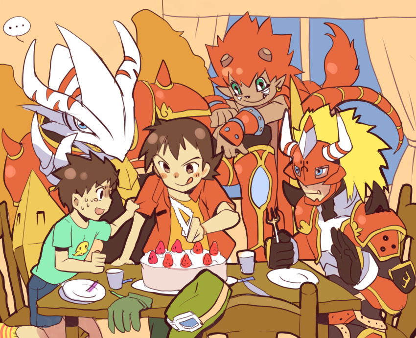 agnimon, armor, brothers, cake, digimon, digimon_frontier, flamon, food