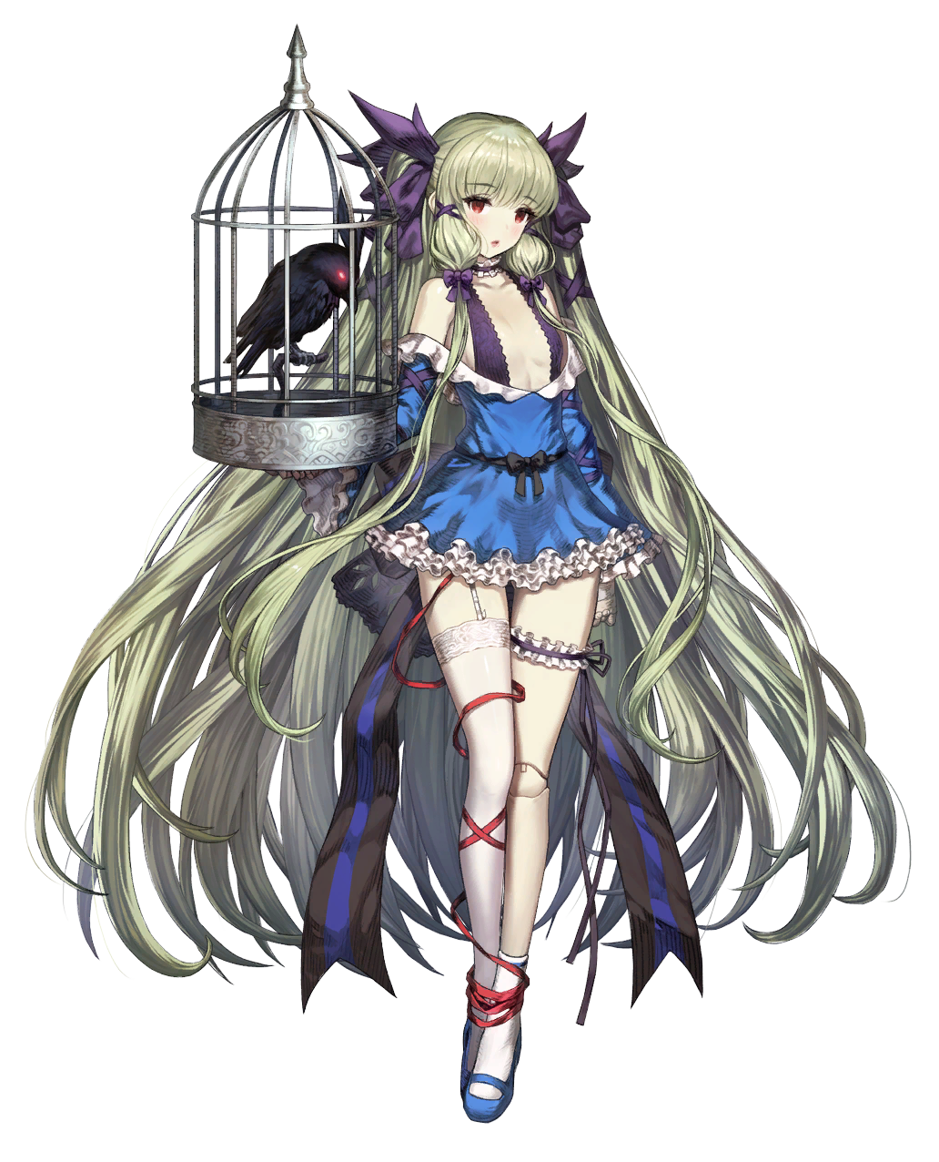 1girl, asymmetrical_legwear, bird, blue_dress, bound, bound_legs, brown_dust_(series), brown_dust_2, cage, crow, doll_joints, dress, expressionless, flat_chest, frilled_dress, frilled_thigh_strap, frills, full_body, game_cg, garter_belt, green_hair, highres, holding, holding_cage, joints, lecliss_(brown_dust), lips, long_hair, non-web_source, off-shoulder_dress, off_shoulder, official_art, open_mouth, purple_ribbon, red_eyes, ribbon, simple_background, solo, strapless, strapless_dress, thigh_strap, thighhighs, transparent_background, very_long_hair, white_thighhighs