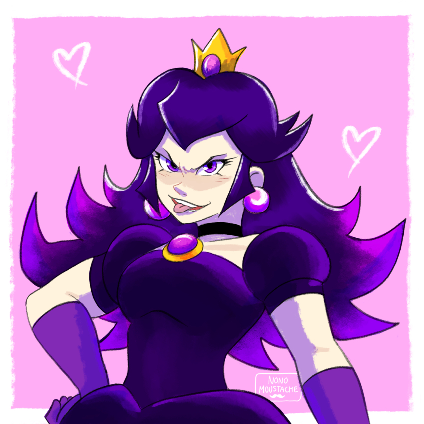 alternate_costume, black_dress, black_hair, border, crown, dress, earrings, gloves