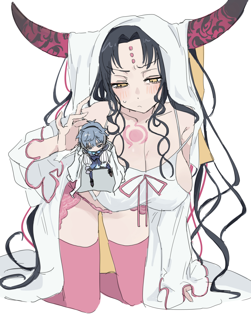 1boy, 1girl, absurdres, aqua_bow, aqua_bowtie, bare_shoulders, black_hair, blue_eyes, blue_hair, blue_pants, blue_vest, blush, bow, bowtie, breasts, brown_footwear, cleavage, coat, collared_shirt, detached_sleeves, facial_mark, fate/extra, fate/extra_ccc, fate_(series), forehead_mark, hans_christian_andersen_(fate), hans_christian_andersen_(third_ascension)_(fate), headphones, highres, holding, holding_tablet_pc, horns, kaigan0211, kneeling, lace, lace-trimmed_panties, lace_trim, large_breasts, lifting_person, long_hair, long_sleeves, looking_at_another, panties, pants, parted_bangs, pink_panties, pink_thighhighs, pink_trim, puffy_long_sleeves, puffy_sleeves, sessyoin_kiara, sessyoin_kiara_(heaven's_hole), shirt, sideboob, simple_background, size_difference, striped_clothes, striped_shirt, tablet_pc, thighhighs, underwear, very_long_hair, vest, wavy_hair, white_background, white_coat, white_shirt, yellow_eyes