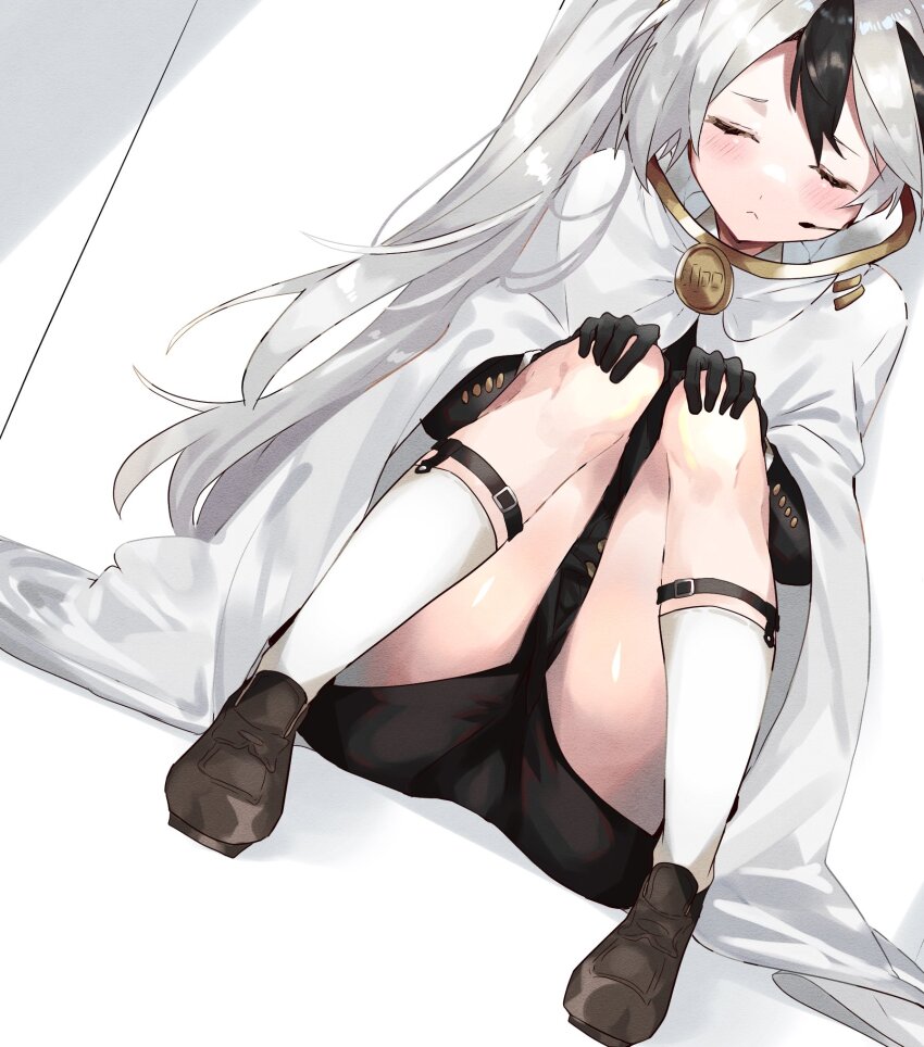 1boy, :<, black_gloves, black_hair, black_jacket, black_shorts, blush, brooch