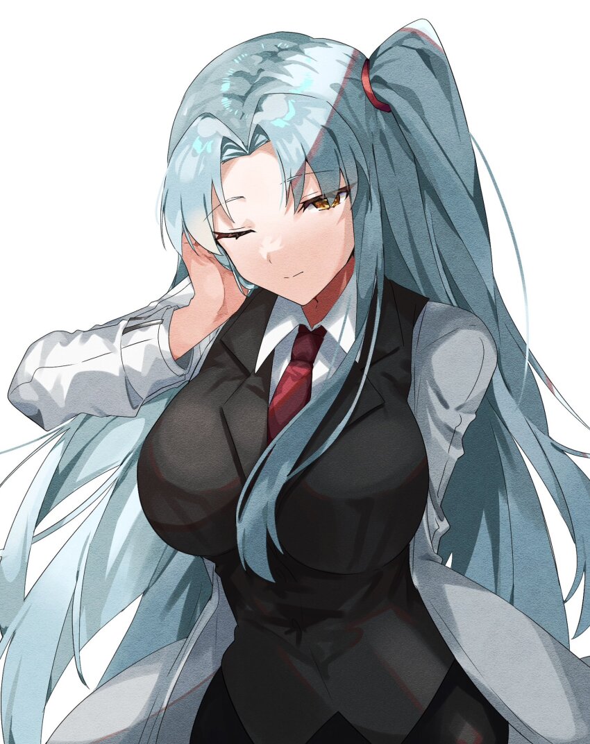 1girl, angela_(project_moon), black_skirt, black_vest, blue_hair, breasts, coat, collared_shirt