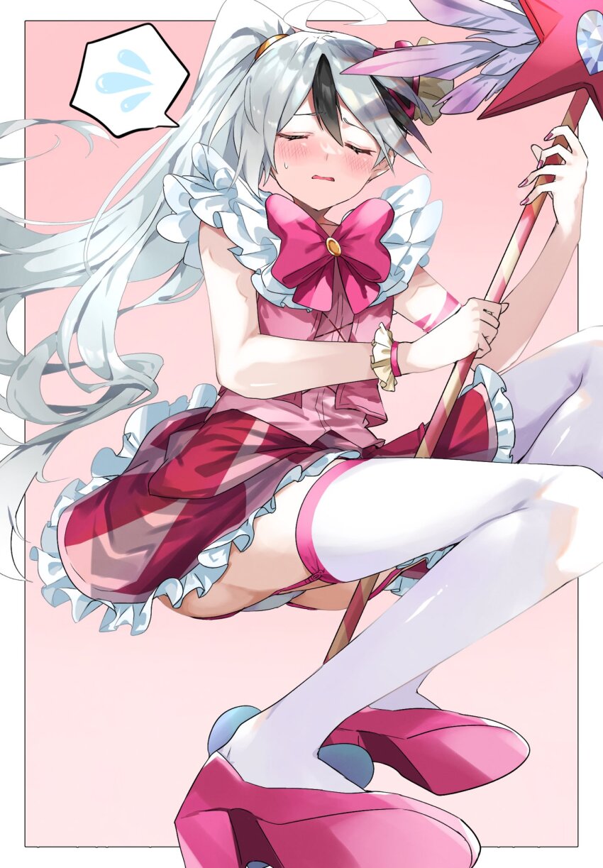 1boy, ahoge, blush, closed_eyes, e.g.o_(project_moon), frilled_skirt, frills, garter_straps, highres, holding, holding_wand, in_the_name_of_love_and_hate_(e.g.o), library_of_ruina, long_hair, open_mouth, pink_shoes, pink_skirt, pink_vest, project_moon, shiba_prmn, shoes, side_ponytail, skirt, solo, thighhighs, trap, very_long_hair, vest, wand, white_hair, white_thighhighs, yan_vismok