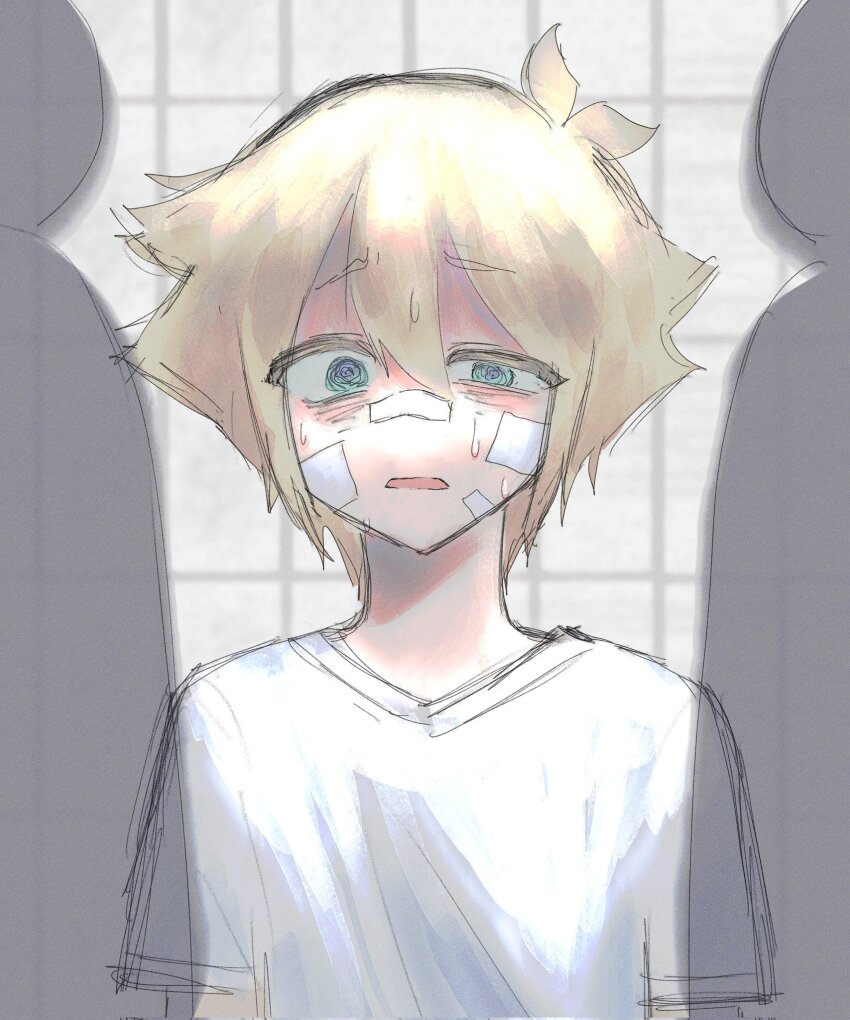 1boy, bandaid, bandaid_on_face, basil_(faraway)_(omori), basil_(hospital_gown)_(omori), basil_(omori), blonde_hair, blue_eyes, bruise, bruised_eye, highres, hospital_gown, injury, looking_at_viewer, male_focus, omo_bc, omori, open_mouth, short_hair, short_sleeves, sketch, solo, spoilers, sweat