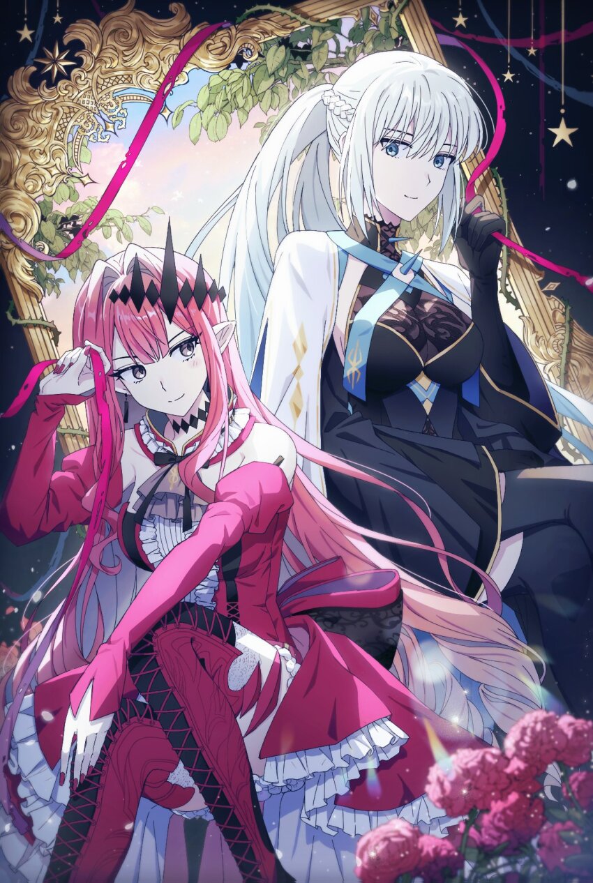 2girls, baobhan_sith_(fate), baobhan_sith_(first_ascension)_(fate), bare_shoulders, black_dress, black_gloves, blue_eyes, blush