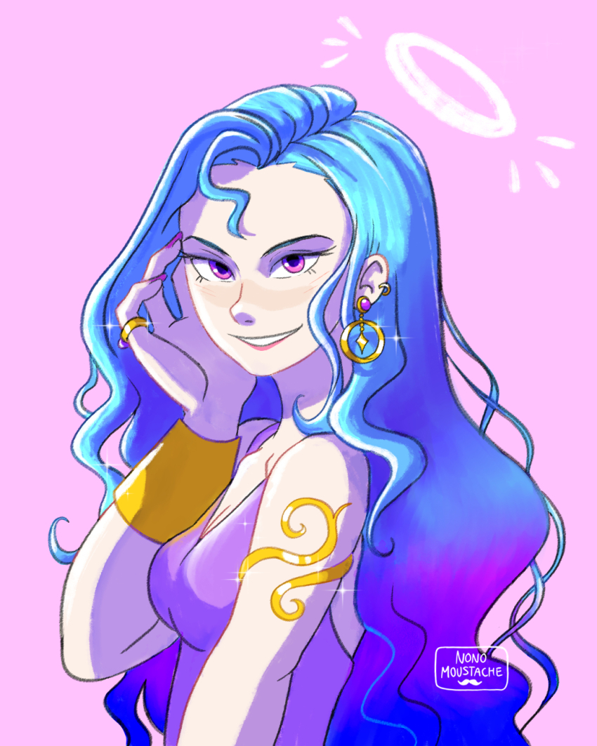 1girl, alternate_costume, amazon_pandora, armlet, bare_shoulders, blue_hair, commentary, curly_hair, earrings, english_commentary, gold_earrings, gold_ring, highres, jewelry, kid_icarus, kid_icarus_uprising, loose_hair_strand, nintendo, nonomoustache, pale_skin, pandora_(kid_icarus), pink_background, pink_eyes, pink_lips, purple_shirt, ring, shirt, solo