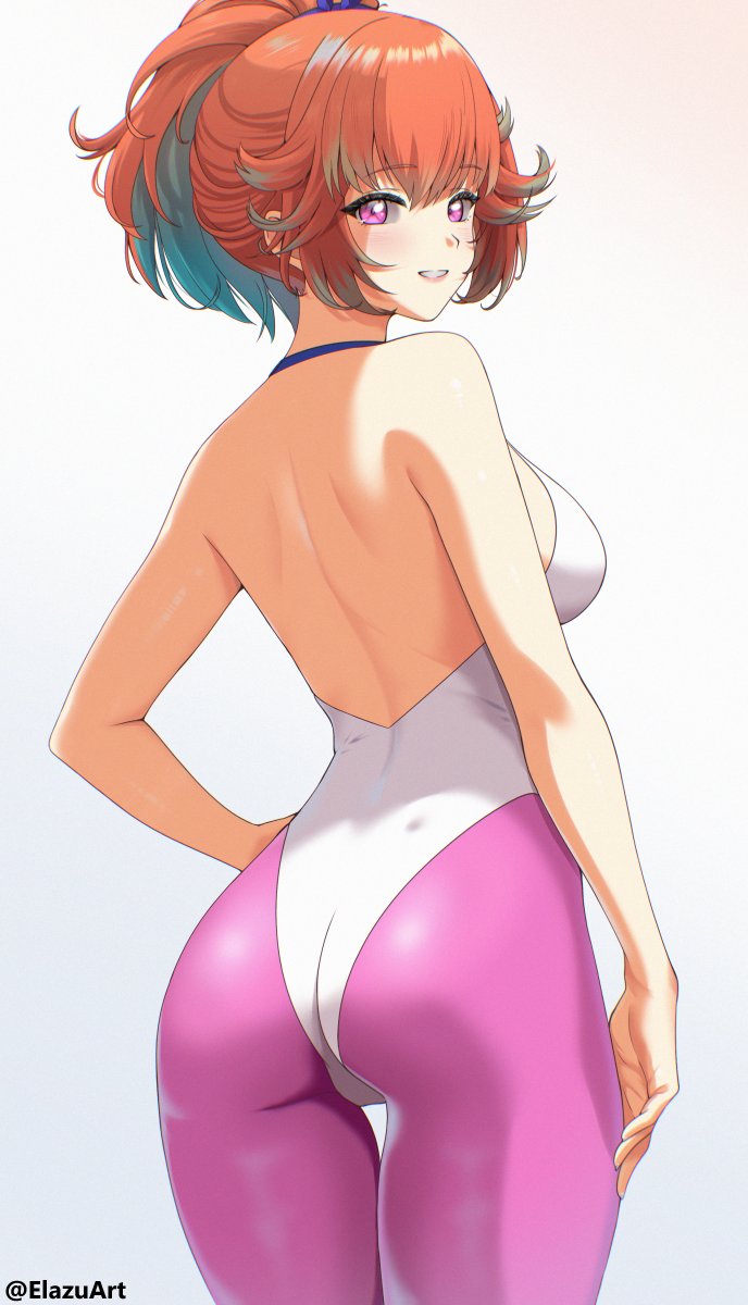 1girl, ass, bare_back, bare_shoulders, breasts, elazu, from_behind, highleg