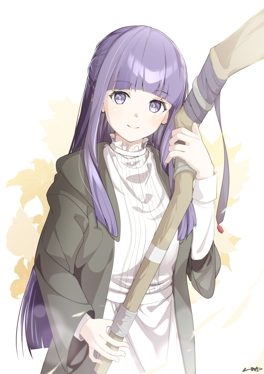 1girl, absurdres, black_robe, blunt_bangs, closed_mouth, commentary_request, cowboy_shot, dress