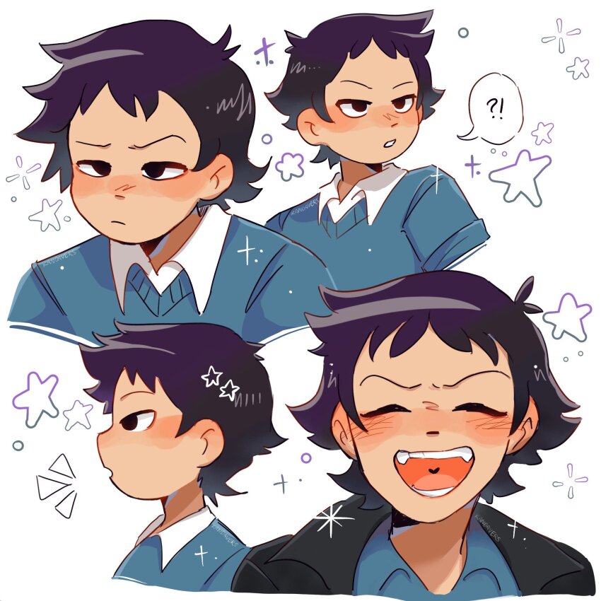 !?, 1boy, black_eyes, black_hair, blush, closed_eyes, commentary, english_commentary