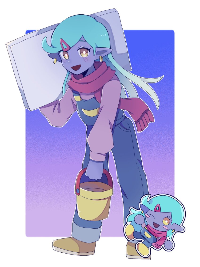 1boy, amane_(ama_yzk00), blue_overalls, brown_eyes, bucket, chibi, colored_skin, ear_piercing