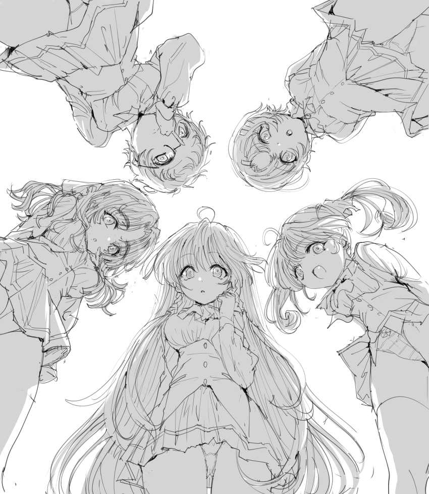 5girls, absurdres, adjusting_eyewear, ahoge, ascot, braid, clenched_hand, fang